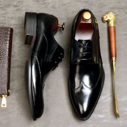 Lacing Leather Formal Shoes Men Black Khaki Men Brogue British Oxford Dress Shoes Genuine Leather Pointed Toe Men Wedding Shoes