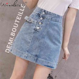 Denim Women Solid Colour Buttoned A-line Short Skirt Female Summer High Waist Stretchy Mini Skirts B04315B 210421