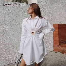 Casual Shirt Dress For Women Lapel Long Sleeve Hollow Out Mini Dresses Female Fashion Clothing Spring Style 210520