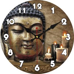 Wall Clocks Wooden Clock Buddha Statue Candle Rustic Candles Figure Vintage Meditating Kitchen Room Home Silent ClocksWall