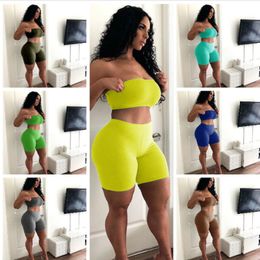 Women Two Piece pants Short Set Tight Sexy Strapless Top Small Bra Shorts Leisure Sports High Elasticity Outfits