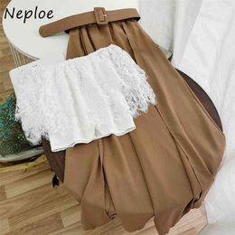 Neploe Fashion Retro Suits Summer Sexy Shoulder Strapless Lace Tops and Sashes Half-length Skirt Two Piece Set Women 82167 210730