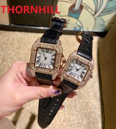 High Quality Men Women Square Roman Dial Watch Shinning Diamonds Ring Full Iced Out Watches Leather Brown Black Red Quartz Movement Party Business Wristwatch