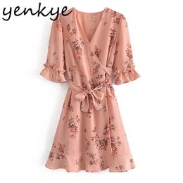 Holiday Summer Dress Women Floral Print Casual Wrap Female Cross V Neck Butterfly Sleeve Sashes Chiffon Vestido 210514