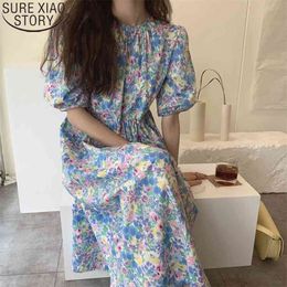 Pleat Dresses Summer Sweet O Neck High Waist Long Oil Panting Flower Puff Sleeve Pullover Women Clothing 14540 210506