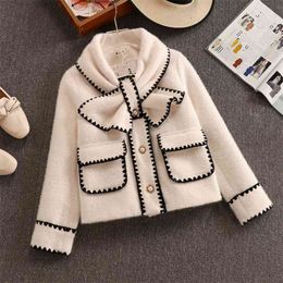 mink jacket womens UK - High Quality Women White Bow Mink Jacket Coat For Female Slim Patchwork Pocket Outerwear Ladies Wool Short Winter Clothes 210514