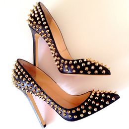Casual Designer sexy lady fashion women shoes Black real matt LEATHER GOLD SPIKES RIVETS point toe stiletto stripper high heels cone heeled pumps size 33 44 12cm
