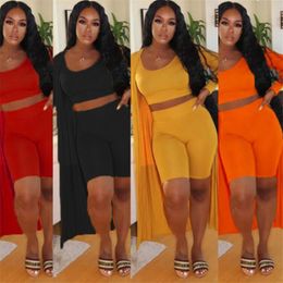 Women Solid Colors Skinny Tracksuits Fashion Trend Sleeveless U-neck Vest Tops Shorts Cloak 3 Piece Sets Designer Summer Female Casual Slim Suits