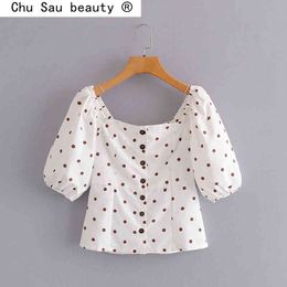 French Style Chic Dot Print Women Tops Casual Fashion Single-breasted Puff Sleeve Ladies Blouses Summer Ropa Mujer 210508