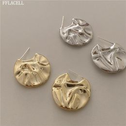 Vintage Gold Silver Color Metal Circle Geometric Folded Irregular Fan Earrings Wedding Party Jewelry For Women Hoop & Huggie