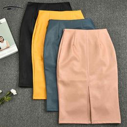 Summer Midi Skirt Women Plus Size Solid Split Skirts Korean PU Leather High Waist Straight 10091 210427