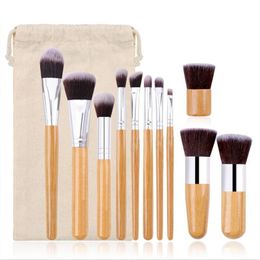 11pcs Bamboo Handle Brush Set Burlap Canvas Bag Beauty tool multifunctional portable Synthetic Makeup Brushes Kit Drop Ship