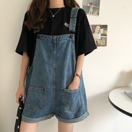 SML Summer korean preppy style Jumpsuit Denim Overalls Casual Girls vintage roll up wide leg Jeans Shorts womens (78121) 210423