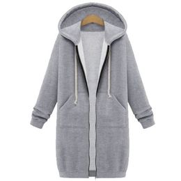 Oversized Autumn Women Casual Long Hoodies Sweatshirt Coat Pockets Zip Up Outerwear Hooded Jacket Plus Size Tops 210426