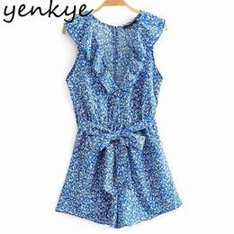 Blue Floral Print Holiday Beach Jumpsuit Women Ruffle Sexy Deep V Neck Sleeveless Sashes Summer Jumpsuits Short Romper 210514