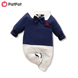 Summer and Spring Baby Boy Gentleman Bowknot Decor Polo Collar Long-sleeve Jumpsuit Clothes 210528