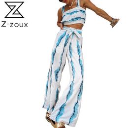 Women Sets Sexy Pants Striped Crop Top With Bow Lace Up High Waist Wide Leg Two Piece And 210513