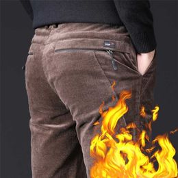 Men's Winter Pants Thick Cotton Fleece Warm Zipper Pocket Black Brown Pants Male Straight Trousers Stretch Casual Corduroy Pants 211201