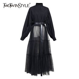 Patchwork Mesh Women Dress Stand Collar Lantern Long Sleeve High Waist With Sashes Dresses Female Fashion Clothing 210520