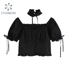 Gothic Style Black Crop Top Shirt Women Summer Korean Fashion Sexy Slim Short Sleeve Bandage Blouse Female Clothing 210515