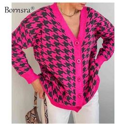 Bornsra Sweater Women's Loose V-neck Houndstooth Long Sleeve Knit Cardigan Jacket Contrast Color Regular Women 210914