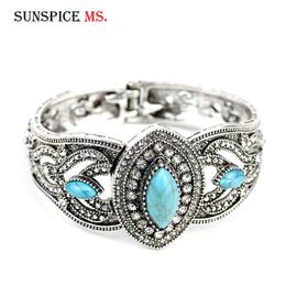 Sunspicems Vintage Natural Stone Cuff Bracelet Female Bangle Turkish Ethnic Wedding Jewelry Antique Silver Color Q0719
