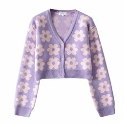 Women Casual Chic Sweater Spring Autumn Single Breasted Purple Cardigan Femme Ladies Floral Print V Neck Crop Sweaters Knitted 210525
