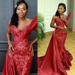 Sparkly Dark Red Evening Dresses Mermaid Sequins Off the Shoulder with Overskirt Sweep Train Custom Made African Plus Size Prom Party Gown vestido