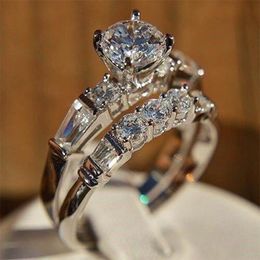 Wedding Rings Shiny 2pcs/set White Stone Zircon Engagement Ring Set For Women Silver Colour Vintage Bridal Jewellery Gift B4N967