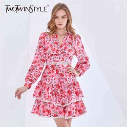 Print Floral Hit Color Dress For Women V Neck Long Sleeve Mini Dresses Female Fashion Clothing Spring 210520