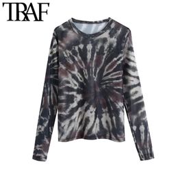 Women Sexy Fashion See Through Tie-dye Print Tulle Blouses Vintage O Neck Long Sleeve Female Shirts Chic Tops 210507