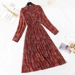 Women Chiffon Pleated Dress Spring Summer Female Vintage Long Sleeve Floral Print Dresses Casual Office Lady Midi Dress 210521