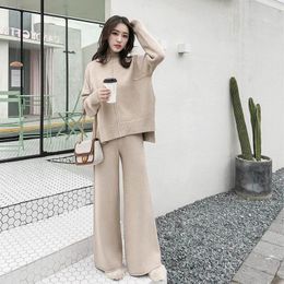 Women's Two Piece Pants Set Pullover Sweater Tracksuit High Waist Knit Wide Leg Solid Track Suit Women Casual Knitted