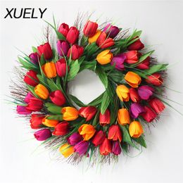 45cm High quality artificial PU tulip wreath home wedding door wall garland Christmas party decoration Travel photography props 210317