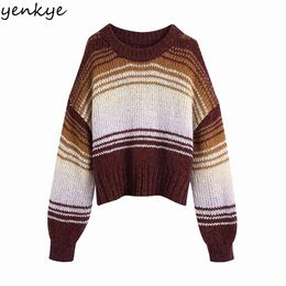 Vintage Striped Knit Sweater Women Lantern Sleeve Round Neck Casual Oversize Pullover Tops Female Christmas Jumper 210514