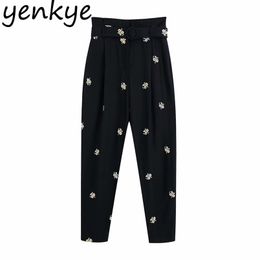 Floral Embroidery Pants Women With Belt High Waist Trousers pantalones mujer Work Wear Office Casual Summer pantalon femme 210514