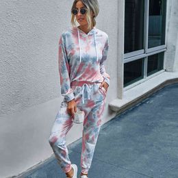 Autumn Women Hoodie Sports 2 Piece Sets Fashion Tie Dye Drawstring Hooded Long Sleeve Tops+Casual Trouser Female Home Suits 210507