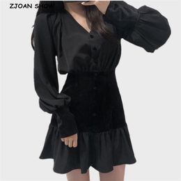 Sexy V neck Spliced Velvet Women Mini Dress Ladies Centre Buttons Package Hips Hem Patchwork Ruffles Party Dresses 210429