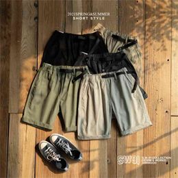 Summer Belted Shorts Men 100% Cotton Comfortable Elastic Waist Knee-Length Casual Solid Colour Loose 210806