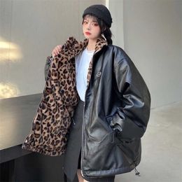 Winter PU Leather Women Jacket Leopard Print Thick Warm Faux Lamb Fur Lining Reversible Wear Loose Harajuku Snow Female Coat 211119