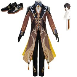 Genshin Impact Zhongli Cosplay Costume Game Outfits Halloween Carnival Women Girl Uniforms Wig Shoes