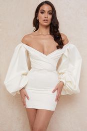 Casual Dresses Puff Sleeve Short Autumn Dress White Long Mini Sexy For Woman Erotic Porno Sex Club Elegant Party Night