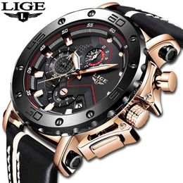 LIGE New Fashion Mens Watches Top Brand Luxury Big Dial Military Quartz Watch Leather Waterproof Sport Chronograph Watch Men 210329