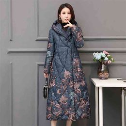 Chinese Style Women's Winter Down Cotton Jacket X-long Printing Loose Thick Outwear Hooded Covered Button Female Cold Coat 210913