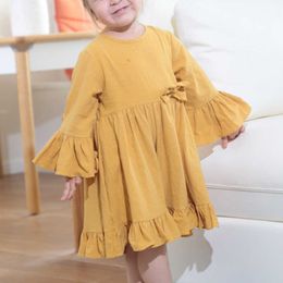 Baby Clothes Girl Cute Bow DrAutumn Infant Toddler Kids O-Neck Yellow DrChildren Fashion PrincParty Dress X0803