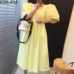 Korejpaa Women Dress Summer Korean Chic Elegant Female Square Neck Single-Breasted Back Halter Hollow Puff Sleeve Vestidos 210526