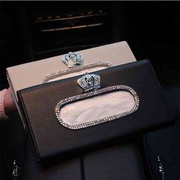 Fashion Crown Crystal Car Tissue Box Sun Visor Leather Auto Bag Sunvisor Hanging Holder Case Napkin For Accessories 210818