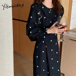 Yitimuceng Embroidery Floral Dresses for Women Vintage Midi Dress Korean Fashion Long Puff Sleeve Office Lady Black Spring 210601