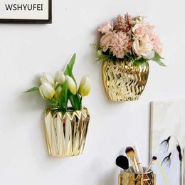 Creative European gold wall hanging ceramic vase flower pot wall decoration fake flower pot wall mural decoration flower basket 210623