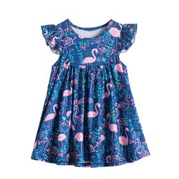 European And American Wind Short Sleeves Girl's Dresses Blue Flamingo Print Summer clothes Wholesale Casual Princess A - Word Skirt Animal Dinosaur Pattern